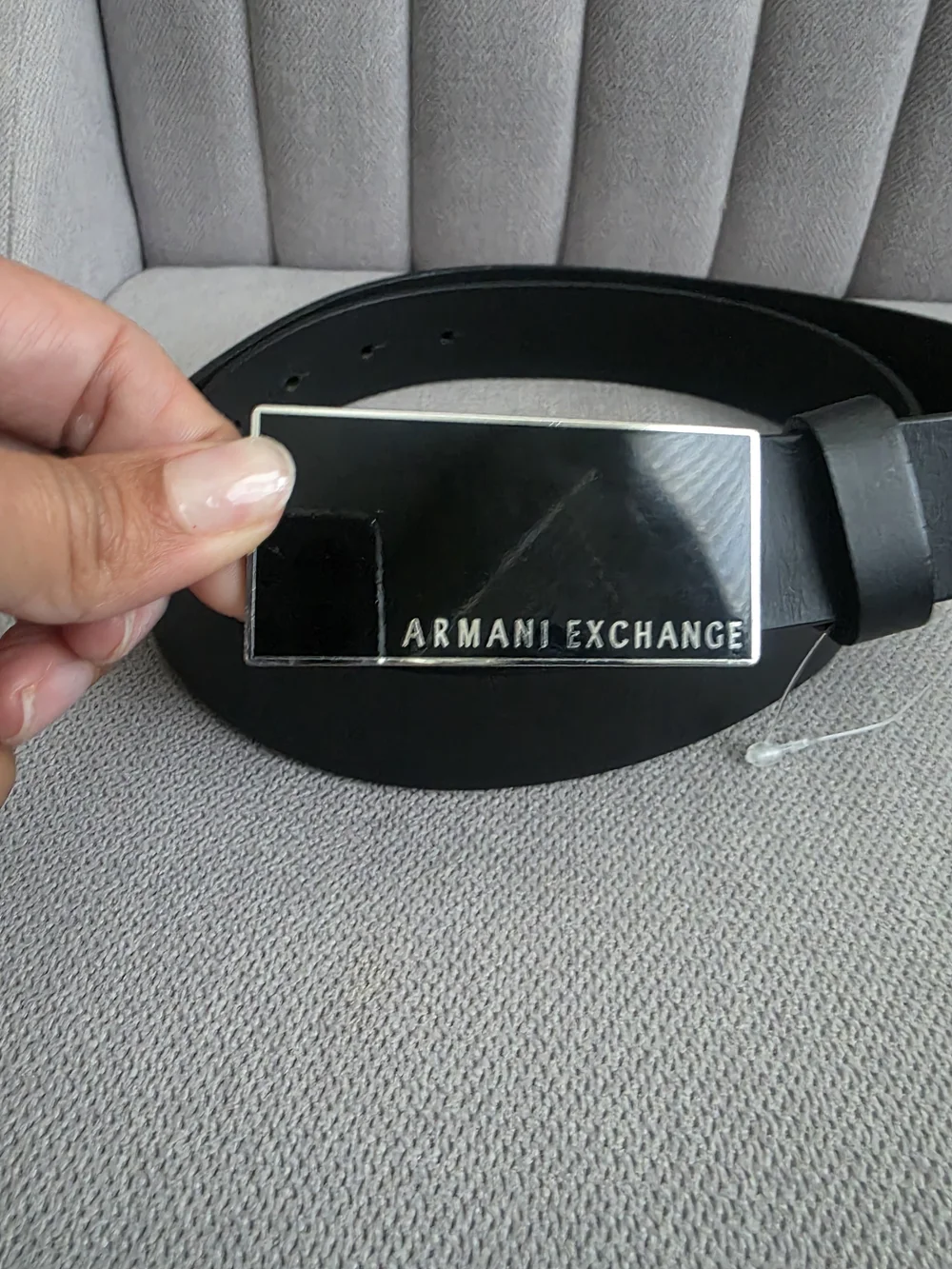 Armani Exchange Black Leather Belt with Logo Plaque Buckle Like New. Size 34.